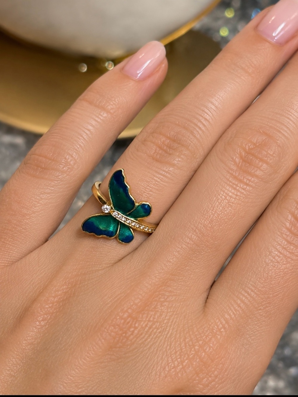 Blue & Green Enamel Butterfly Ring • Gold Tone • Crystal Accents • Size 10